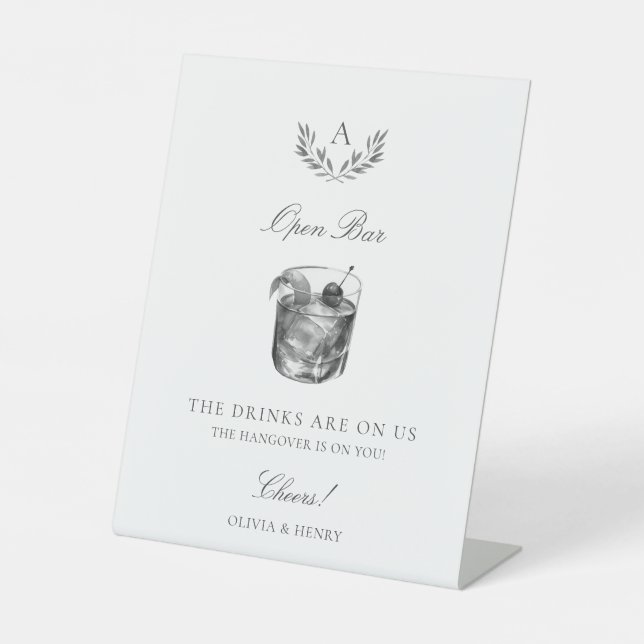 Elegant Monogram Open Bar Wedding Sockelschild (Vorderseite)