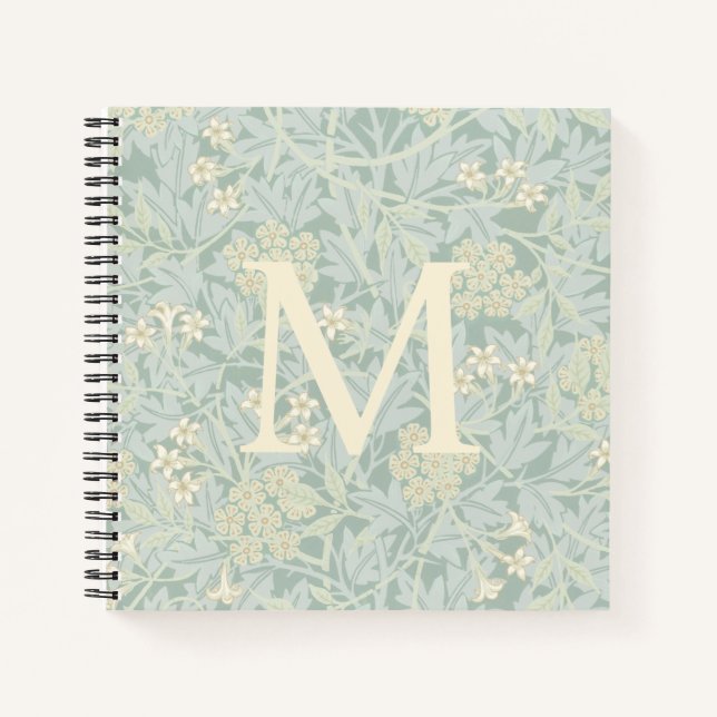 Elegant Monogram Pastel Green Jasmine Floral Notizbuch (Vorderseite)