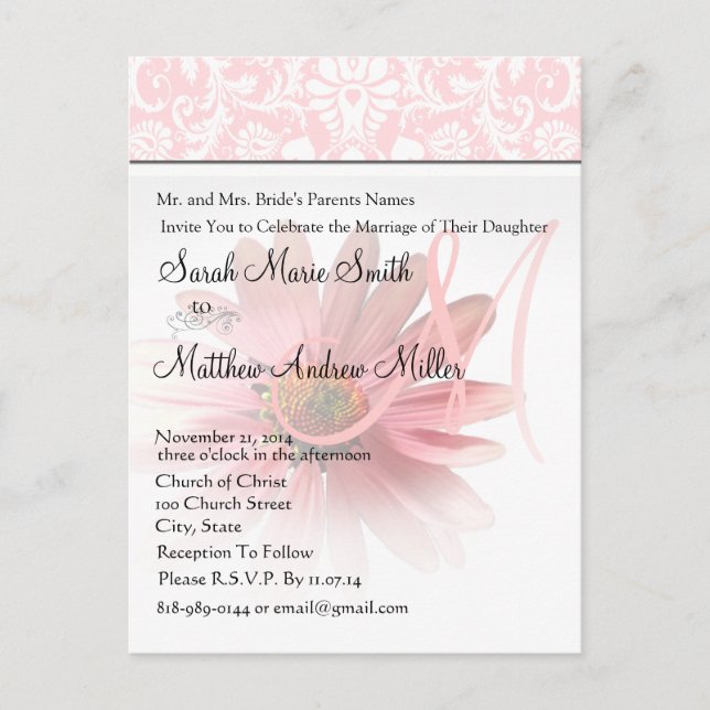 Elegant Monogram Pink Daisy Wedding Einladung (Vorderseite)
