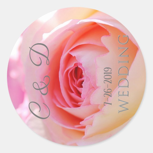 elegant. Monogram Pink Wedding Rose Runder Aufkleber (Vorderseite)