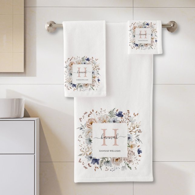 Elegant Monogram Pretty Beige Blue Flowers Floral  (In situ)