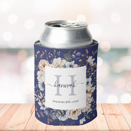 Elegant Monogram Pretty Beige Blue Flowers Floral Dosenkühler