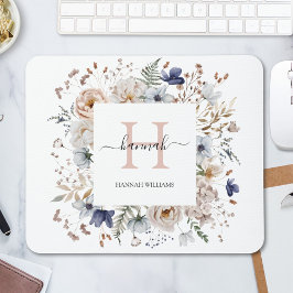 Elegant Monogram Pretty Beige Blue Flowers Floral Mousepad