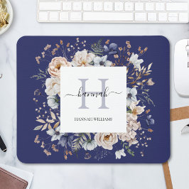 Elegant Monogram Pretty Beige Blue Flowers Floral Mousepad