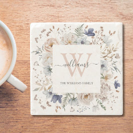 Elegant Monogram Pretty Beige Blue Flowers Floral Steinuntersetzer