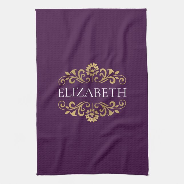 Élégant Monogram Purple Gold Serviette de cuisine (Vertical)
