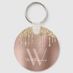 Elegant Monogram Rose Gold Glitter Drips Name Schlüsselanhänger