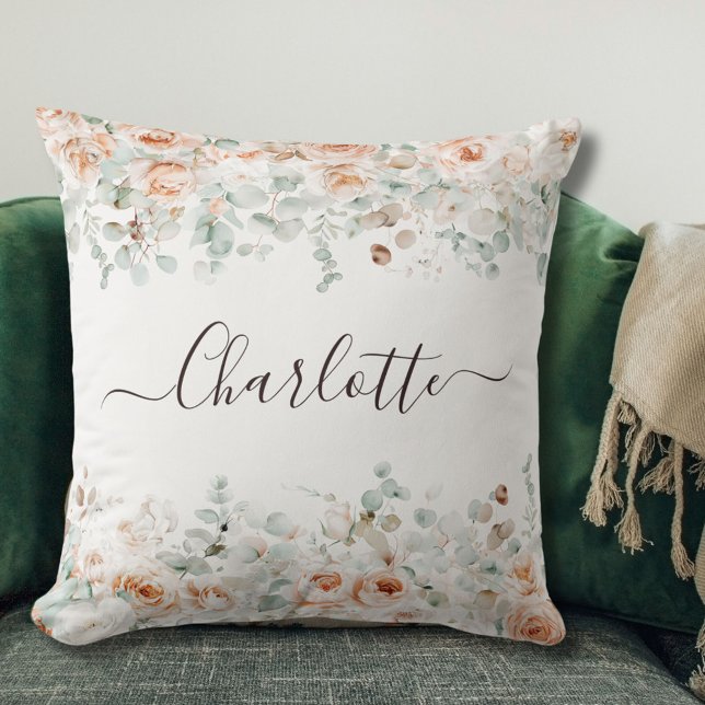 Elegant Monogram Rustikale Rose Blumengrün Kissen (In situ)
