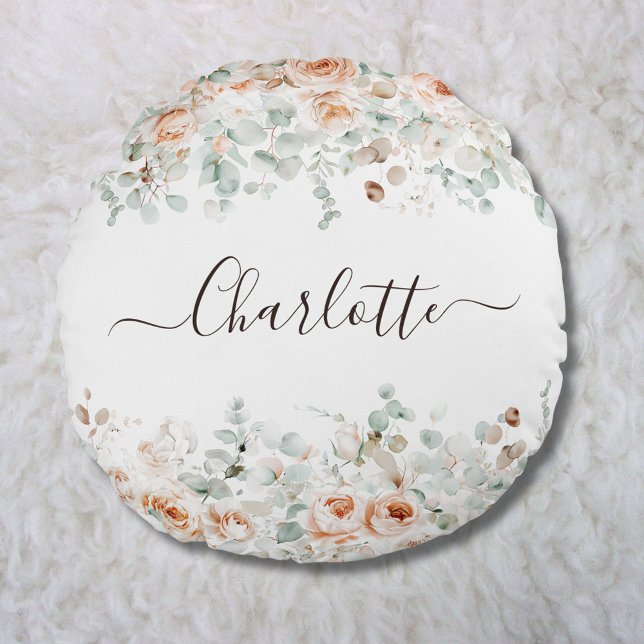 Elegant Monogram Rustikale Rose Blumengrün Rundes Kissen (In situ)