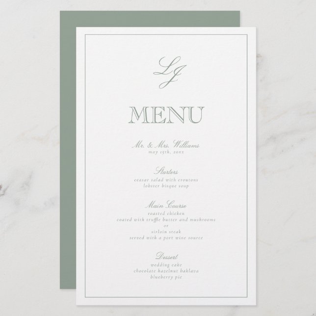 Élégant Monogram Sage Green Script Menu Mariage (Devant / Derrière)