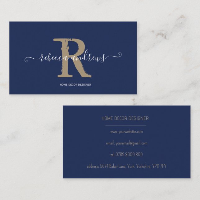 Elegant Monogram Script Name Initial Navy Gold Visitenkarte (Vorne/Hinten)