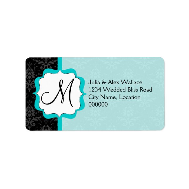 Elegant Monogram Turquoise Damask Adressaufkleber (Vorne)