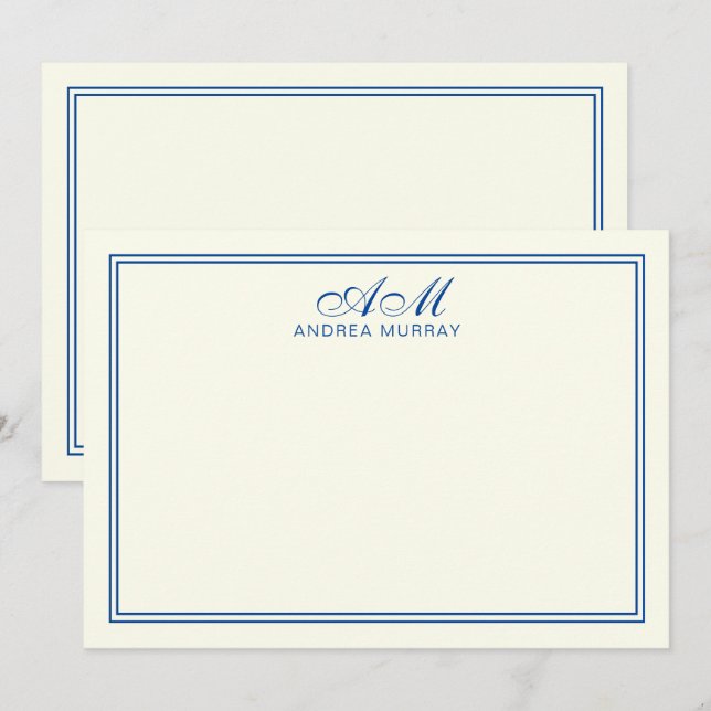 Elegant Monogram Two Border Navy Blue Ivory Mitteilungskarte (Vorne/Hinten)