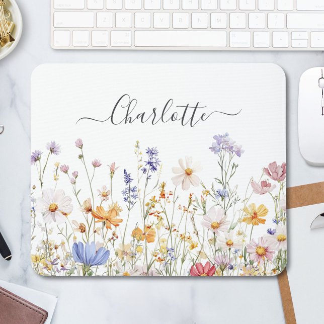 Elegant Monogram Watercolor Colorful Wildflower Mousepad (In situ)