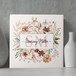 Elegant Monogram Watercolor Fall Wildflower Floral Fliese