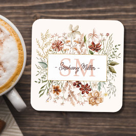 Elegant Monogram Watercolor Fall Wildflower Floral Getränkeuntersetzer