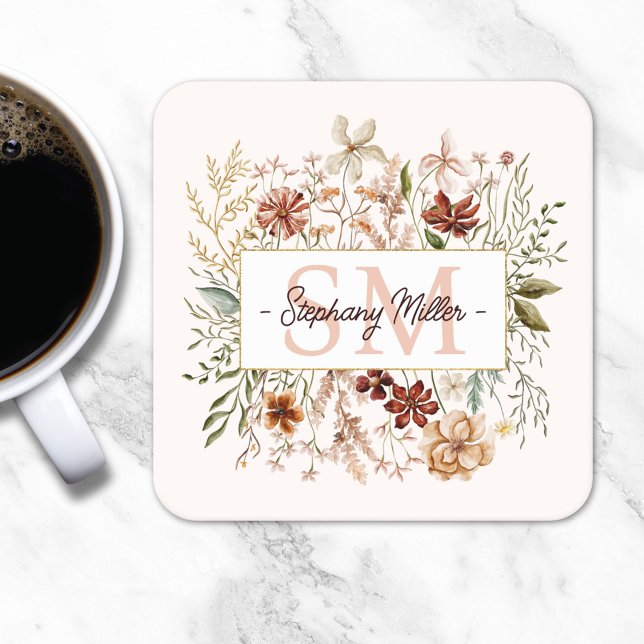 Elegant Monogram Watercolor Fall Wildflower Floral Rechteckiger Pappuntersetzer (In situ)