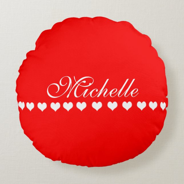 Elegant Monogram White Hearts Red Rundes Kissen (Vorderseite)