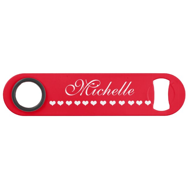Elegant Monogram White Hearts Red Speed Flaschenöffner (Vorderseite (Horizontal))