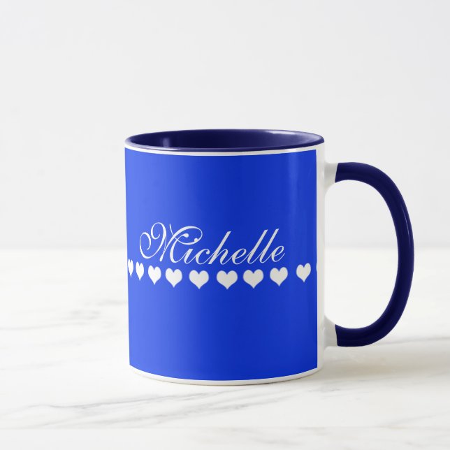 Elegant Monogram White Hearts Royal Blue Tasse (Rechts)