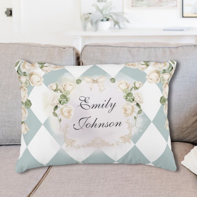 Elegant Monogram White Roses Green Leaves Diamond Dekokissen (In situ)