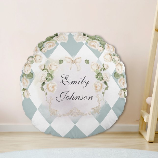 Elegant Monogram White Roses Green Leaves Diamond Rundes Kissen (In situ)