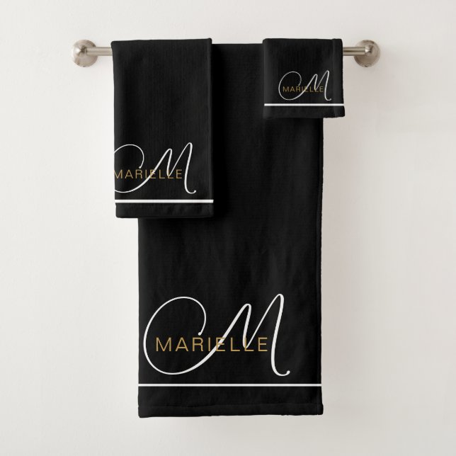 Elegant Monogram White Script Initial Gold Name Badhandtuch Set (Insitu)