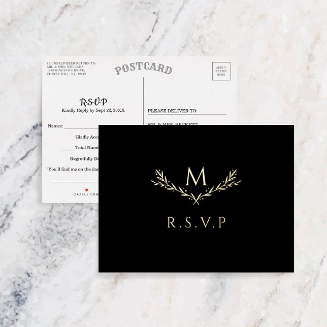 Elegant Monogram Wreath Wedding RSVP Real Folie Einladungspostkarte (Von Creator hochgeladen)