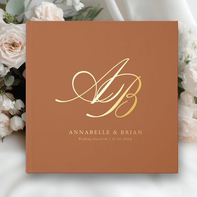 Elegant, Monogramm, Hochzeit Gästebuch (Brown-Orange, Custom, Monogram, Scripted Font, Foil Wedding Guest Book. )
