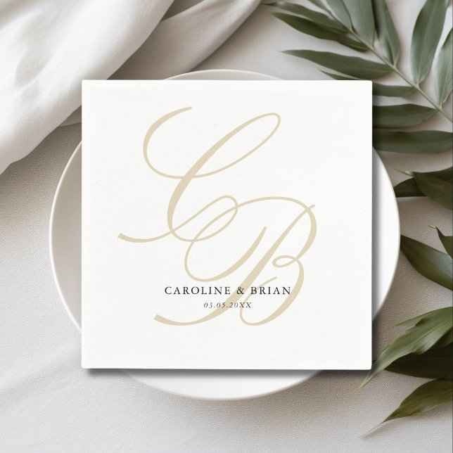 Elegant, Monogramm, Hochzeit Serviette (Elegant, Monogram, Wedding Napkins, script font, beige & white.)