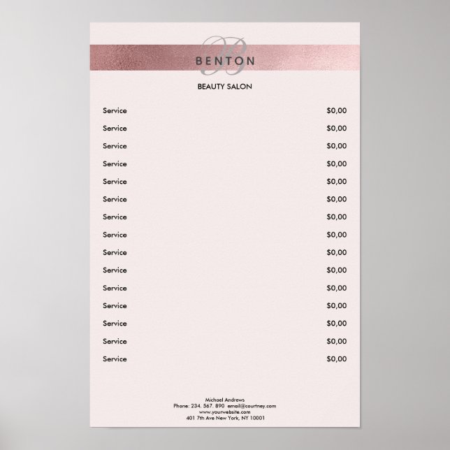 Elegant Monogramm Lightpink Rosegold Pricelist Poster (Vorne)