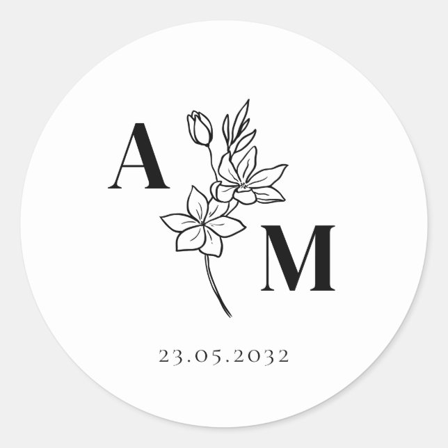 Elegant, Monogramm, Line Art Blume, Hochzeiten Runder Aufkleber (Vorderseite)