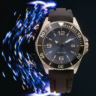 Elégant Monogramme Bleu Brossé Metallic Montre