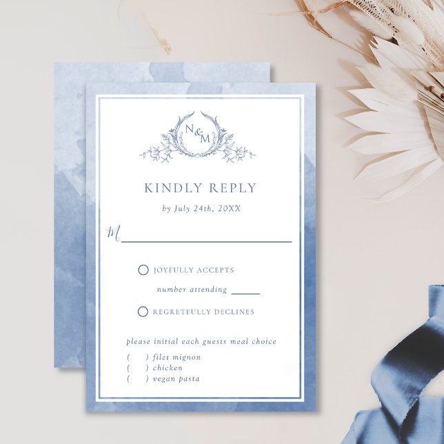 Elégant Monogramme bleu Dusty et aquarelle RSVP (Créateur téléchargé)