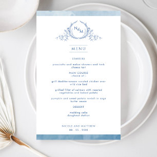 Elégant Monogramme Blue Watercolor Menu Mariage