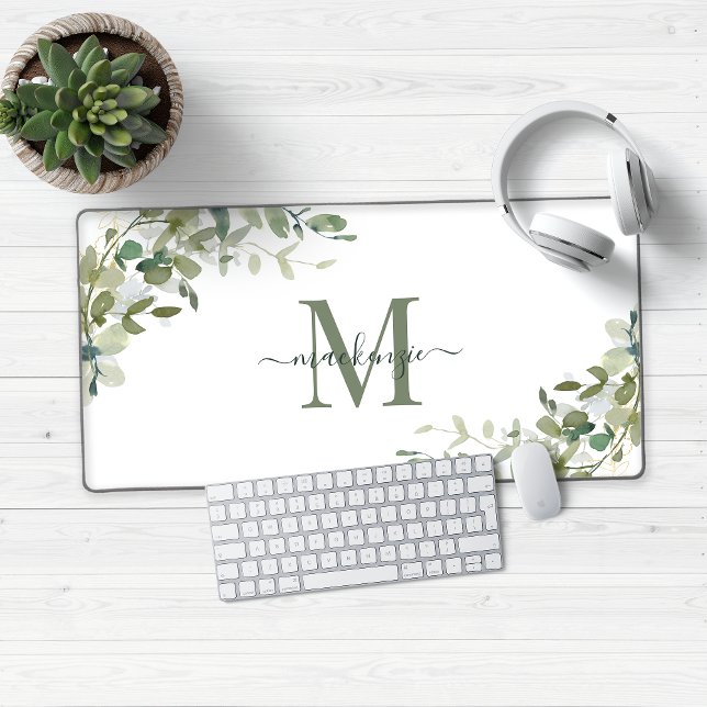 Élégant monogramme botanique d'Eucalyptus (Modern Eucalyptus Botanical Monogram Desk Mat Mouse Pad)