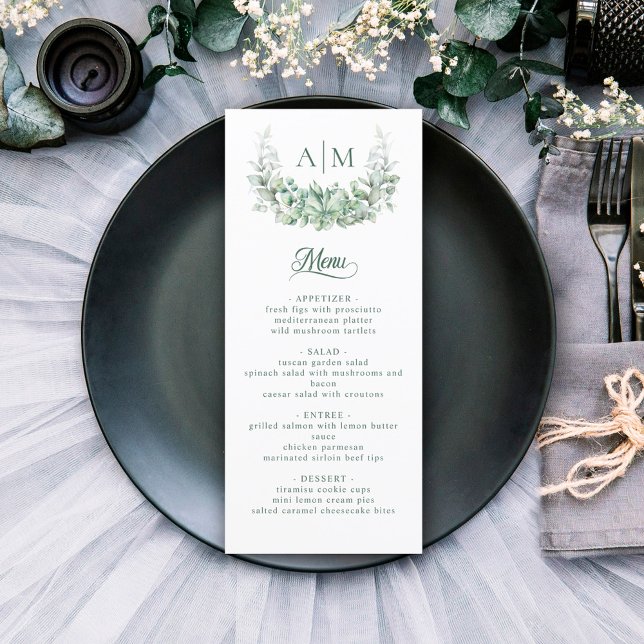 Élégant Monogramme Botanique Wreath Mariage Menu (Créateur téléchargé)