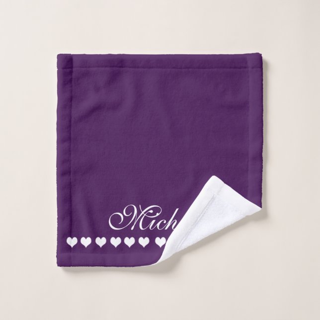 Élégant Monogramme Coeurs blancs Eggplant pourpre (Gant de toilette)
