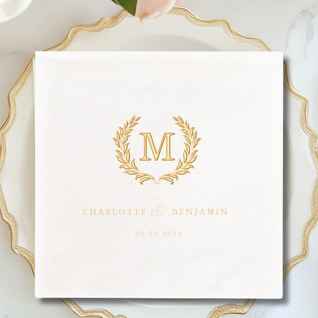 Élégant Monogramme de crête Mariage blanc (Elegant Crest Monogram White Wedding Foil Napkins)