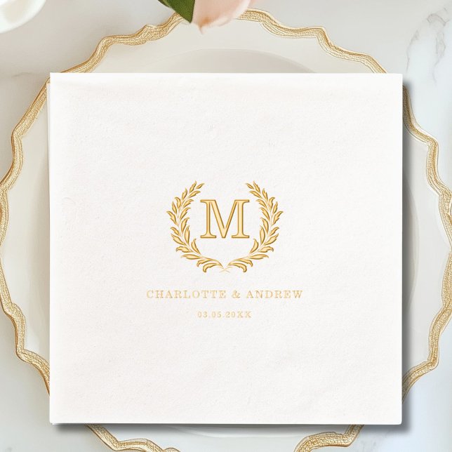 Élégant Monogramme de crête Mariage blanc (Elegant Crest Monogram White Wedding Foil Napkins)