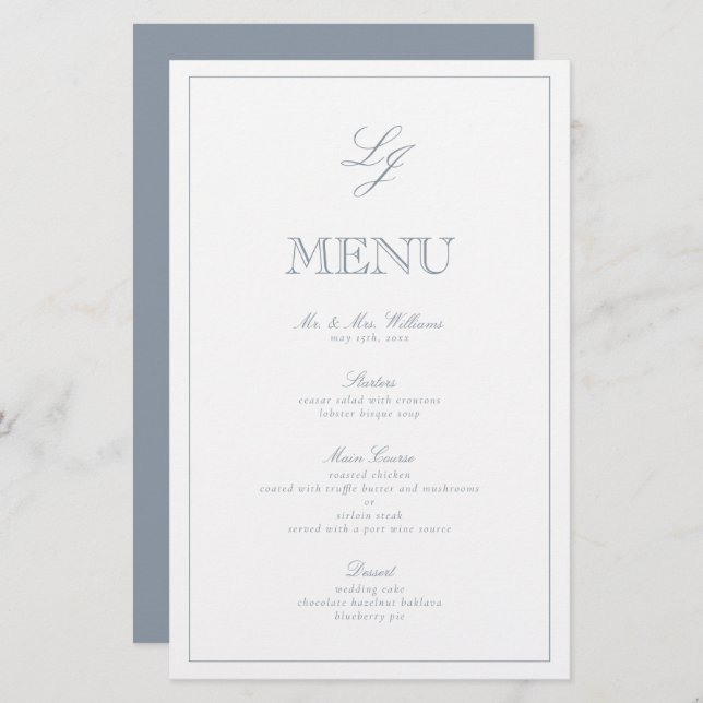 Élégant Monogramme Dusty Blue Script Menu Mariage (Devant / Derrière)
