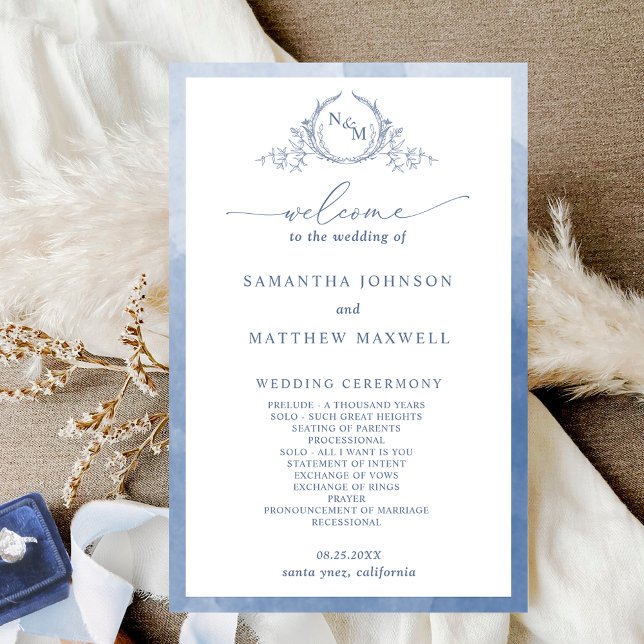Élégant Monogramme Dusty Blue Wedding Programme (Créateur téléchargé)
