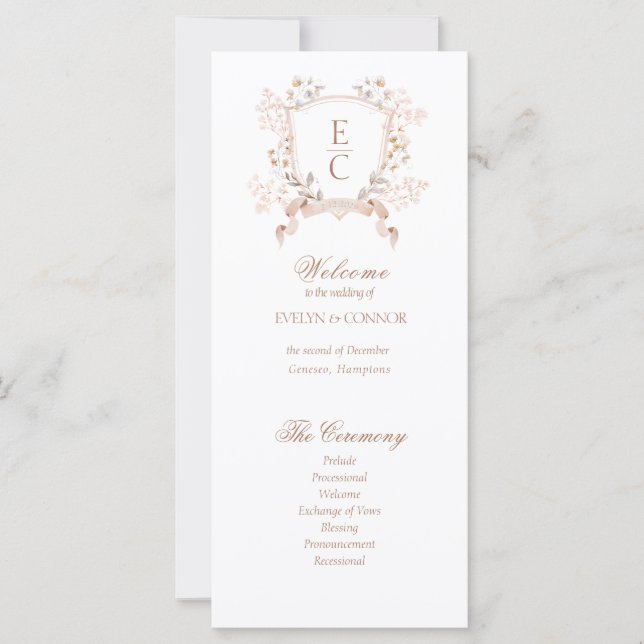 Élégant Monogramme Floral Crest Wedding Programme (Devant)