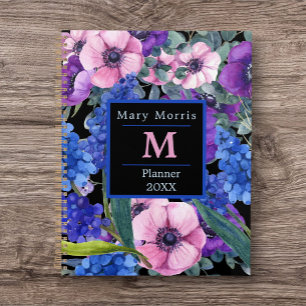 Élégant Monogramme Floral noir en bleu violet rose