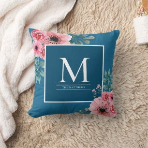 Élégant Monogramme Floral Oreiller Bleu Océan