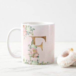 Élégant Monogramme Floral Rose F Mug Café