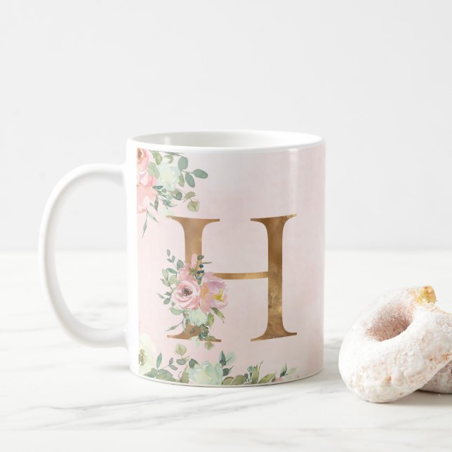 Élégant Monogramme Floral Rose H Café Mug (Avec donut)