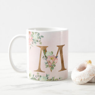 Élégant Monogramme Floral Rose M Café Mug