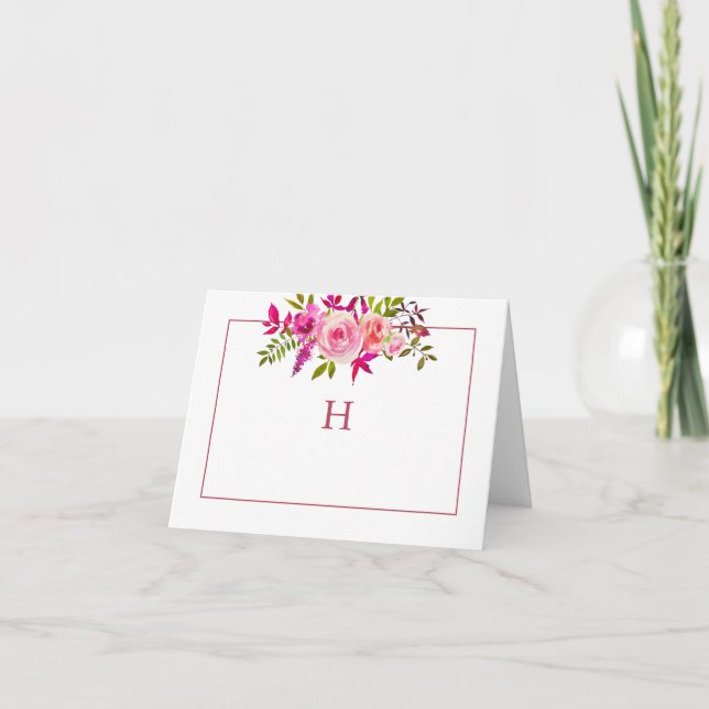 Élégant Monogramme floral rose plié Carte de note (Devant)