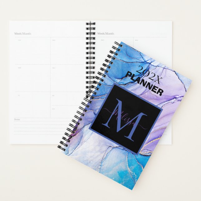 Élégant Monogramme marbré bleu et violet (Devant avec enveloppe)